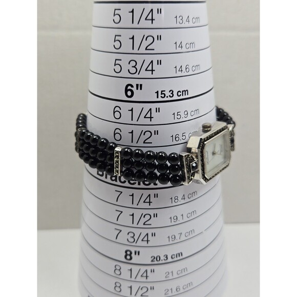 Vintage Lucoral Diamond Quartz Watch Black Onyx Beads Marcasite MOP New Battery main image 4